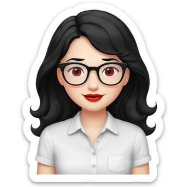 וחולצה קצרה חזה מובלט וחולצה בצבע לבן ואישוני עייים בצבע שחור, ואישוני עיננים בצבע שחורילדה עם שער שחור ארוך וגלי אבל לא יותר מידי מתולתל, אישונים שחורים, משקפיים,שפתיים אדומות ועסיסיות אבל לא יותר מידי,עם,לחיים עם הרבה סומק,מחייכת sticker