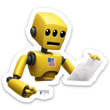 A yellow robot votes in the US election, with an American flag in the background sticker