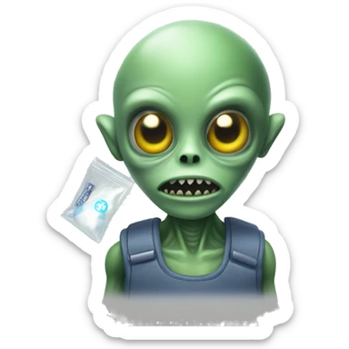 A creepy alien holding a tiny ziploc bag sticker
