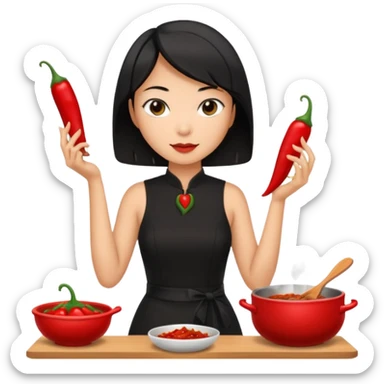 asian black short shoulder length hair tanned woman, black dress cooking, holding chili pepper sticker