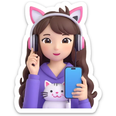 Adorable Japanese girl with long hair, cute cat ear headphones and holding smartphone sticker