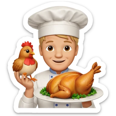 Gordon Ramsay smiling, presenting a roast chicken on a plate, chef hat sticker