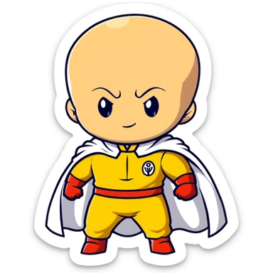 super cute chibi Saitama from One Punch Man with bald head, yellow jumpsuit, white cape and innocent face sticker