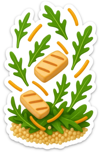 EMOJI STILE IPHONE DI Insalata di quinoa e pollo con rucola e carote che cade verticalmente dall'alto, iperrealistica 4k sticker