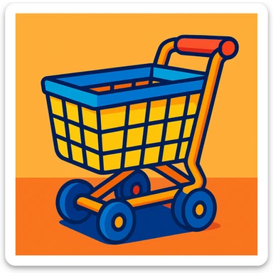 cartoon style shopping cart, bright and playful, vibrant colors, playful design sticker
