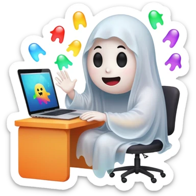 A cute ghost sits in front of a desk and is designing it with a laptop. see a laptop screen, and there is a photoshop screen on the screen. On the ghost surface, many shapes are leaving. sticker