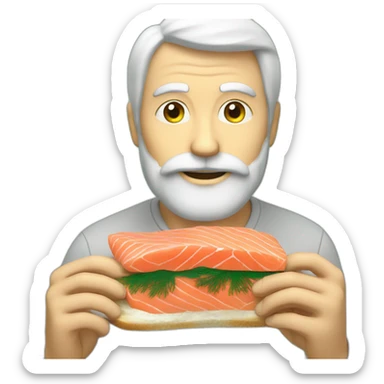 a white bearded man eating raw salmon on bread with dill on top of it sticker