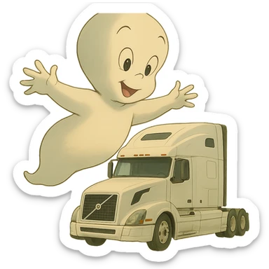 Make Casper the ghost much larger compared to the white semi truck in ghibli style, keep transparent background. sticker