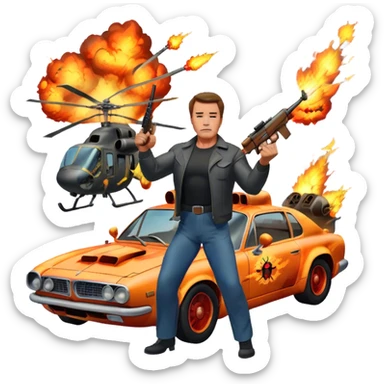 Icon for Action Movies: Arnold Schwarzenegger in the lead role, in an intense action pose with weapons, explosions, a car and helicopter flying out of flames in the background. The design should capture the explosive energy and heroism of classic action films. Transparent background. sticker