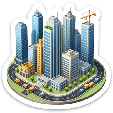 An icon showing a city-building game interface, inspired by Sim City. The design features a bustling city with roads, skyscrapers, and parks, with buildings being constructed and managed. The game’s interface, with stats and controls, is visible at the top. Transparent background. sticker