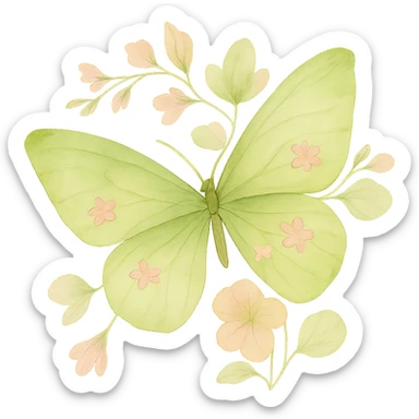 One-to-one butterfly and flowers as in the example – keep the same wing shape, lines, effects, and flower arrangement. Main color #c0ff53 green, accents pink, maintain light transitions and watercolor style, no background. sticker