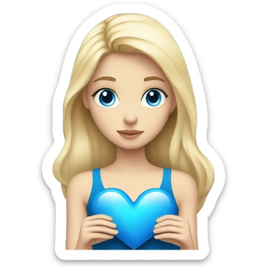 Blonde girl with blue eyes holding a blue heart sticker