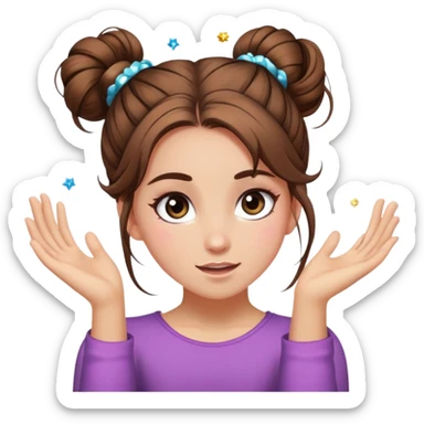 girl with long brown hair with messy bun, chaotic sparkle eyes cartwheel sticker