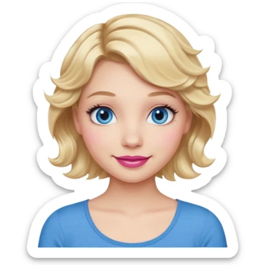 Girl Blonde short wavy hair,  blue eyes, cute blue top, long lashes, pink lips, smiling, 🙅🏻‍♀️ sticker