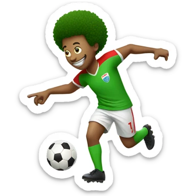 male in green shirt with red afro playing soccer with milk sticker