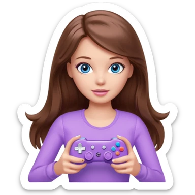 beautiful barbie girl with long brown hair, blue eyes and wearing light purple clothes playing console games with controller sticker
