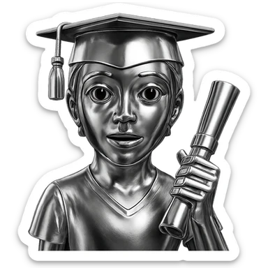 Add a chrome style diploma scroll in the graduate's hand, keep everything metallic and shiny, no background. sticker