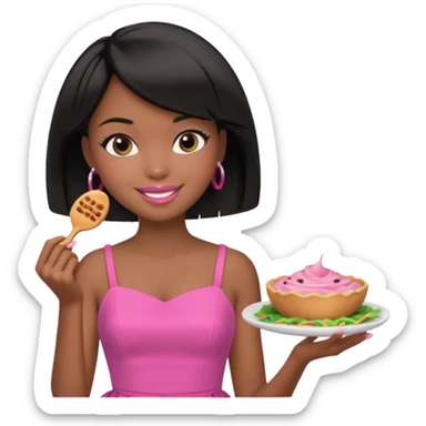 Black barbie, short  black bob  hair, pink dress eating with a sign that says snipe sticker