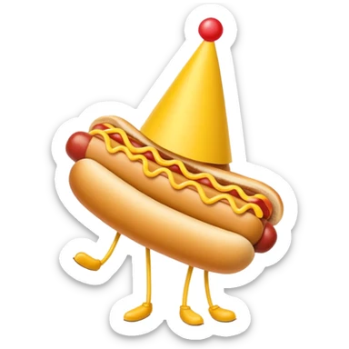 A hotdog with legs wearing a party hat sticker