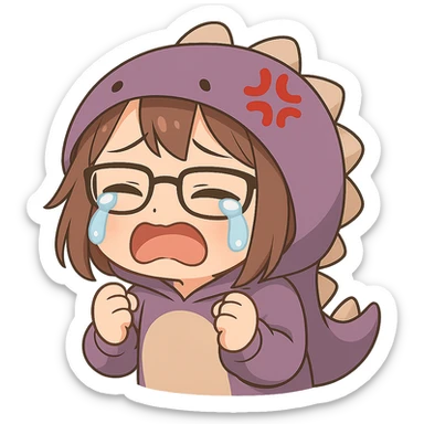 Chibi anime style gamer girl with glasses, brown hair, dark purple eyes, wearing a purple dinosaur costume, making a crying emote, no controller, same style as reference, no background. sticker