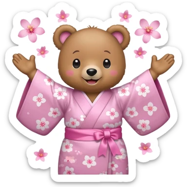 A cute light-brown bear wearing a pastel pink sakura-patterned kimono with a small ribbon on the back, normal balanced head and body ratio, joyful excited expression with sparkling round eyes and a wide happy smile, arms raised in excitement, a few pink sakura petals floating around sticker