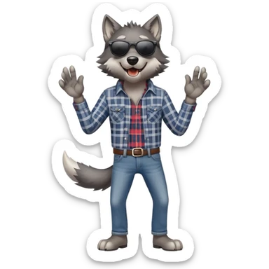 friendly anthropomorphised wolf in jeans and plaid shirt, wearing dark sunglasses, howling, dynamic pose sticker