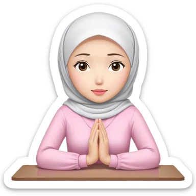 A white Asian woman, white hijab women are listening with her hands folded on the table. her lips is pink. her outfit & hijab color is white. Her fingers are 10. sticker