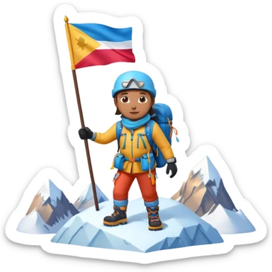 A 3D cartoon mountaineer standing on a snowy Everest-like summit with a flag, wearing colorful climbing gear, soft lighting, Memoji-style. sticker