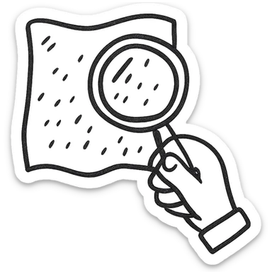 a hand holding a magnifying glass inspecting fabric, clear modern icon style sticker