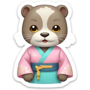 An otter emoji face dressed in pastel-colored traditional Korean hanbok sticker