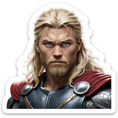 Cinematic Realistic Thor Portrait, depicted with lifelike skin texture and a commanding, muscular build that radiates divine strength. His piercing eyes, framed by rugged, flowing hair and a well-groomed beard, exude both determination and amiable authority. Clad in his signature armor with subtle hints of mystical lightning, the portrait is rendered in dynamic natural lighting with a radiant, heroic glow. sticker