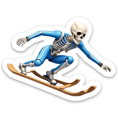 An icon showing a skeleton athlete racing headfirst on a small sled down an icy track. The scene includes dynamic motion lines, icy curves, and a snowy mountain backdrop under a crisp blue sky. Transparent background emphasizes the speed and intensity of the sport. sticker
