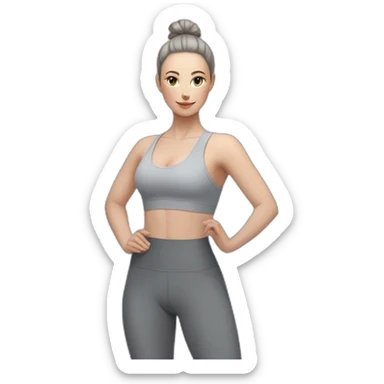 Pale skinned fit woman In a gray tight yoga suit and wristbands With black hair in a bun doing yoga sticker