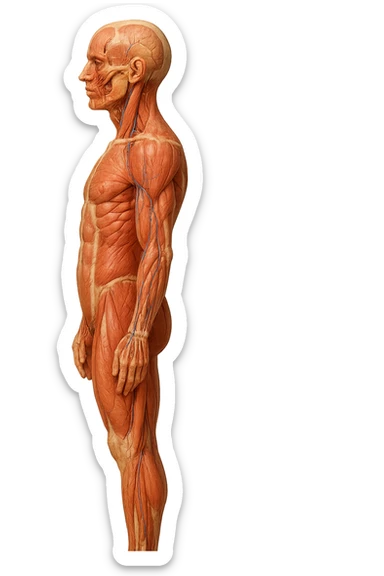 CORPO UMANO ANATOMICO REALISTICO DI PROFILO CON CURVA LOMBARE PIATTA, iperrealistico 4k sticker