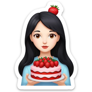 Beautiful girl with long black hair holding a strawberry cake sticker