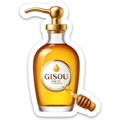 Gisou hair oil bottle, elegant glass bottle with gold cap, honey-infused hair oil, beauty product sticker
