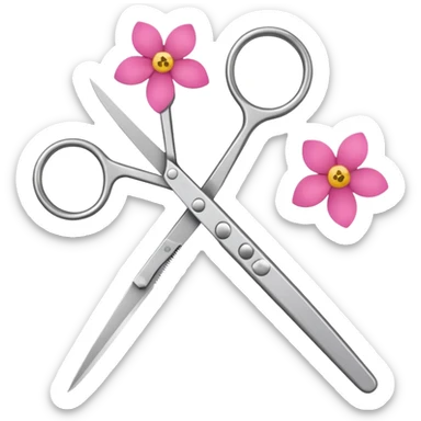 Closed flower pruning scissors with two blades, flower petals nearby sticker
