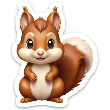 Cinematic Cute Squirrel Portrait Emoji, Head tilted playfully and inquisitively, featuring a fluffy, vibrant auburn Fur with a delicate cream belly and a bushy tail, round, sparkling eyes filled with curious mischief, Simplified yet irresistibly adorable features, highly detailed, glowing with a warm, friendly glow, high shine, affectionate and lively, stylized with a touch of woodland whimsy, bright and endearing, soft glowing outline, capturing the essence of a mischievous yet loving squirrel, so playful it feels like it could leap out of the screen and into your arms! sticker