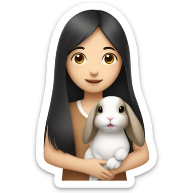 A asian girl with black long straight hair holding a white and brown rabbit sticker