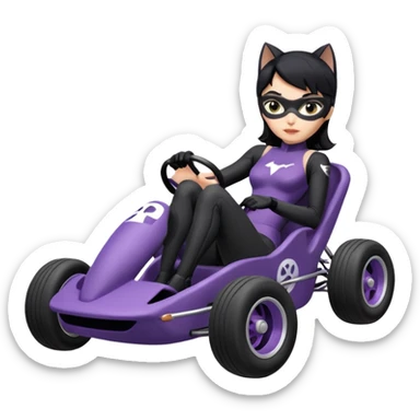 full size real-appearance road  racing sexy buxom CatWoman’s feminine midnight-colored tight outfit sixty’s tv show dark stealthy accurate sporty safe plush deluxe off-road pursuit drifting car jaguar (black hair,reclined and relaxed torso and shoulders back seating position) cross kart  sticker