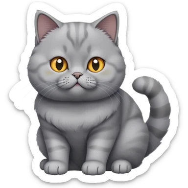 cinematic-[British shorthair cat]-realistic-full-body-sitting-emoji,-tail-curled-playfully-around-its-paws,-head-tilted-dramatically,-fluffy-[grey]-fur,-simplified-yet-hilariously-adorable-features,-highly-detailed,-glowing-with-an-almost-sarcastic-glow sticker