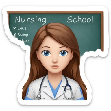 inside a classroom at university that says nursing school on the board with a pretty female nursing student with long brown hair, blue eyes sticker