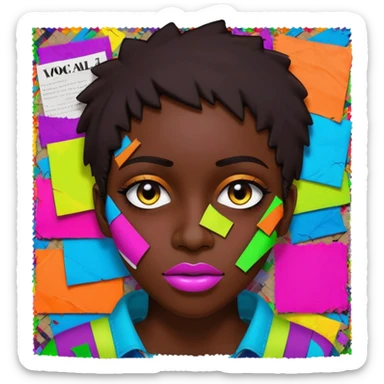 Colourful dark neon graffiti scribble scrapbook patchwork Person face portrait made entirely of multicoloured torn up magazines sticker