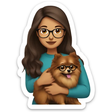 Hispanic woman with long Brown hair with glasses hugging  brown Pomeranian  sticker