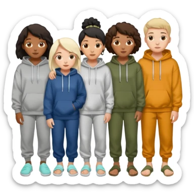 four mixed race friends all wearing oversized hoodies, sweatpants, and slides huddled together  sticker