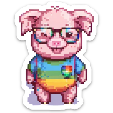 kawaii pixel art baby pig, round glasses, rainbow t-shirt, shorts, standing, smiling, 32x32, bright colors sticker