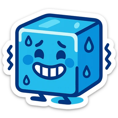 cute blue ice cube with a happy face, shivering but grinning sticker