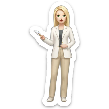 Full height pale skin woman with blonde Straightened Hair to shoulders, White classical jacket, beige Arrow pants holding a color palette in the hands sticker