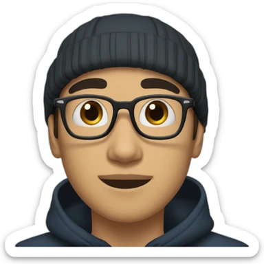 a light skin Pakistani teenager, wearing round glasses, short moustache, black hair, black jumper/sweater, structured manly face, blue islamic cap sticker