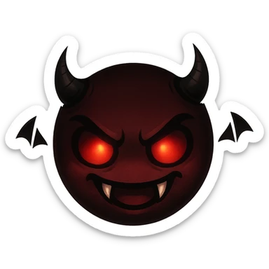 devil emoji in chibi style with gothic palette black and crimson, sharp fangs, glowing eyes, dramatic shadows sticker